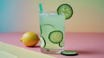Aufkleber - Refreshing Cucumber Lemonade with Ice and Slices on a Vibrant Background Perfect for Summer Drink Promotions and Beverage Advertising