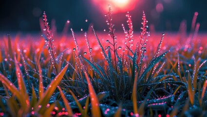 Aufkleber - Dewy Grass at Sunrise with Vibrant Colors and Bokeh Effect Capturing Nature's Morning Beauty