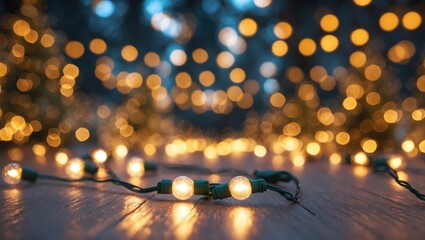 Aufkleber - Warm golden Christmas lights creating a dreamy bokeh effect on a wooden surface, perfect for festive seasonal backgrounds and decorations.