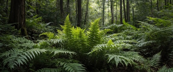Poster - Lush Green Ferns Growing Among Majestic Trees In A Dense Forest With Blank Space For Text Overlay