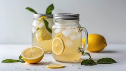 Aufkleber - Refreshing Lemonade in Glass Jars with Ice and Lemon Slices Surrounded by Fresh Lemons and Mint Leaves on a White Background