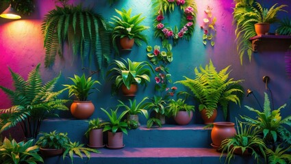 Poster - Vibrant Indoor Plant Arrangement with Ferns and Floral Decor Against a Colorful Wall Background
