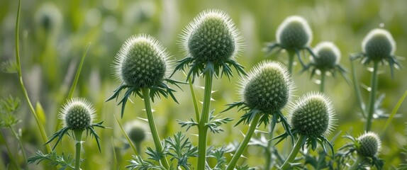 Poster - Delicate Daucus Carota and Thistle Pappus in Summer Landscape with Lush Green Background and Blank Space for Custom Text or Message