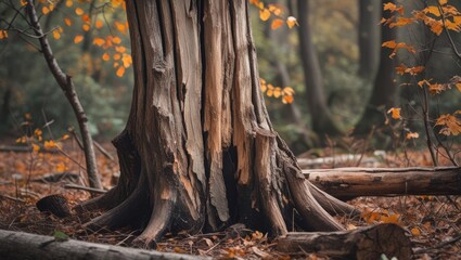 Poster - Old tree trunk in a serene forest setting surrounded by autumn foliage with fallen logs and earthy tones creating a tranquil nature scene