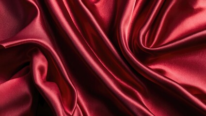 Poster - Luxurious deep red silk fabric texture with elegant wavy folds creating an abstract background ideal for sophisticated design projects.