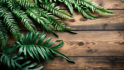 Poster - Tropical Fern Leaves Laying on Wooden Background With Copy Space for Text or Branding in Natural and Eco-Friendly Design