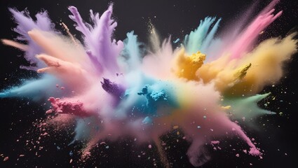 Poster - Pastel powder explosion creating a vibrant rainbow dust splash against a black background suitable for artistic and creative designs.