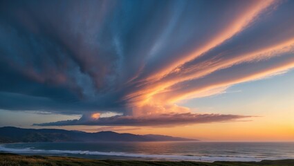 Poster - Vibrant Sunset and Dramatic Cloud Formation Over West Coast Landscape