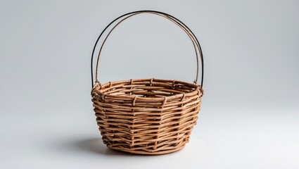 Poster - Handcrafted Wicker Basket with Wire Handle Isolated on White Ideal for Home Decor or Storage with Empty Space for Custom Text