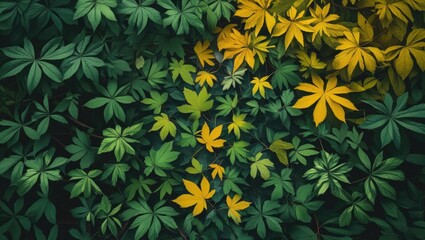 Poster - Vibrant green and yellow leaves creating a beautiful natural pattern in a serene forest setting showcasing seasonal change and diversity.