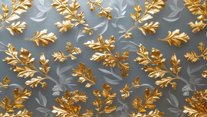 Leinwandbilder - Elegant gold leaf foliage design on a frosted glass texture background, perfect for luxury decor and artistic backgrounds.