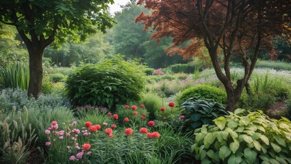 Poster - Lush garden scene with vibrant flowers and greenery featuring empty space for text ideal for advertisements or promotional content.
