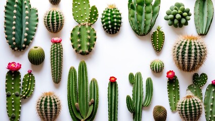 Poster - Vibrant Flat Lay of Various Cacti Arranged Artistically on White Background Showcasing Unique Shapes and Textures for Design and Decor Ideas
