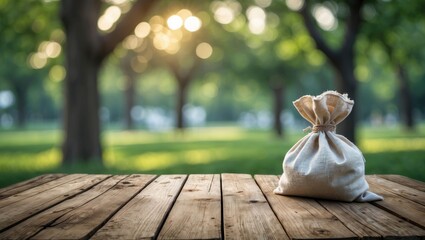 Poster - Wooden Table with Sack on Nature Background for Product Display Concept, Blurred Green Trees and Bokeh Light Creating an Inviting Atmosphere
