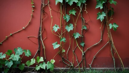Aufkleber - Green climbing vines with limp stems contrasting against a vibrant red wall creating an engaging botanical and architectural visual composition.