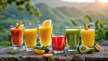 Aufkleber - Colorful Fruit Juices in Glasses with Fresh Fruits Against a Beautiful Nature Background