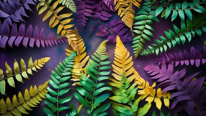 Poster - Vibrant textured backdrop featuring lush fern leaves in shades of green, purple, and yellow for a natural and artistic atmosphere.