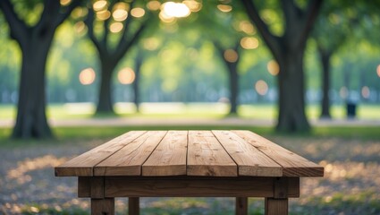 Poster - Wooden Table in Nature with Blurred Green Background and Bokeh Lights Ideal for Product Display and Text Overlay in Outdoor Settings