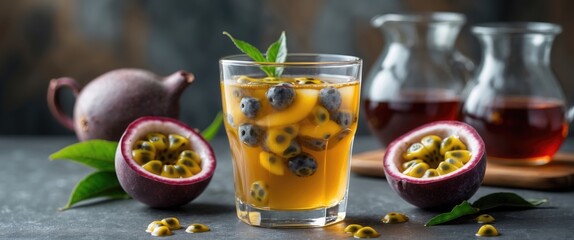 Aufkleber - Refreshing glass of passion fruit tea with garnish surrounded by fresh fruits and tea pitchers on a stylish countertop with space for text.