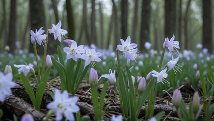 Poster - Fine Corydalis Blossoms Amidst Lush Greenery in a Serene Spring Forest Landscape
