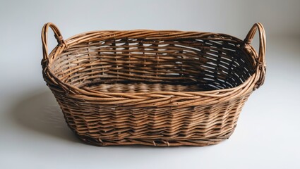 Poster - Empty Rustic Wicker Basket with Handles on a Light Background Ideal for Storage or Decoration Purposes