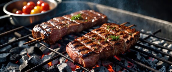 Poster - Perfectly Grilled Steak On Charcoal With Fresh Herbs And Colorful Cherry Tomatoes In A Bowl On The Side