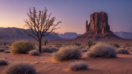 Poster - Serene Desert Landscape at Dusk with Silhouetted Trees and Rock Formations Under a Calming Twilight Sky