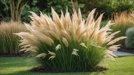 Poster - Fountain grass Pennisetum alopecuroides in a garden setting showcasing its elegant plumes and lush green foliage surrounded by landscape elements.