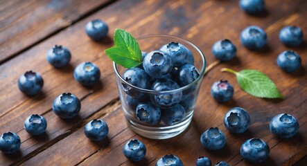 Wall Mural - Fresh blueberries in a glass with green leaves on a rustic wooden table showcasing vibrant colors and natural textures.