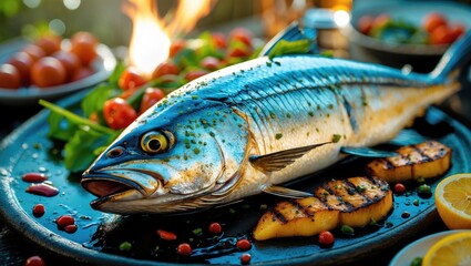 Poster - Grilled Dorado on a platter with vegetables and garnishes, showcasing a healthy and delicious seafood dish with space for text.