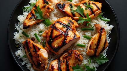 Poster - Grilled Chicken Served Over Aromatic Rice in a Black Plate with Fresh Herbs on a Dark Background