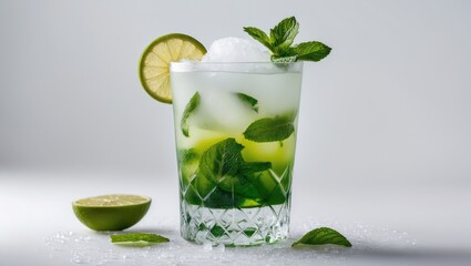 Poster - Refreshing Mojito Cocktail with Mint and Lime Garnish on a White Background Perfect for Summer Beverages and Cocktail Menus