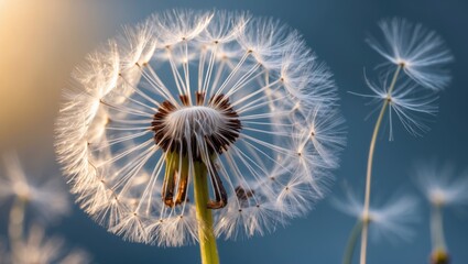 Poster - Macro close-up of a dandelion showing intricate details of seeds and structure against a soft background of light and color.