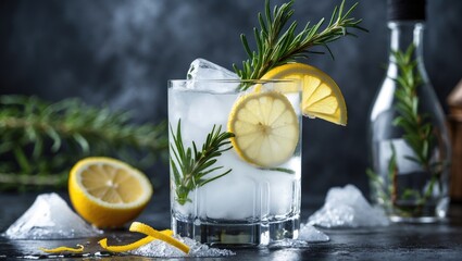 Poster - Refreshing Gin and Tonic Cocktail with Ice, Lemon, and Rosemary Garnish on Dark Background. Perfect for Summer Drinks and Celebrations.