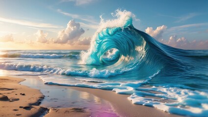 Poster - Majestic Ocean Wave Crashing on Seashore at Sunset with Clear Space for Text or Titles