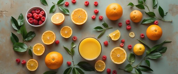 Wall Mural - Vibrant Flat Lay of Fresh Oranges Raspberries and Juice with Leaves on Textured Background Perfect for Healthy Lifestyle Themes