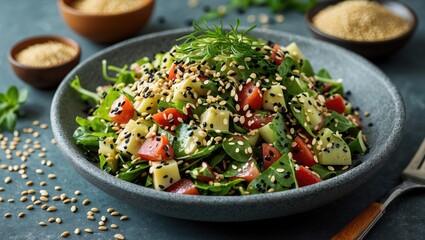 Poster - Gourmet Chuka Salad With Fresh Vegetables and Sesame Seeds on Rustic Table with Space for Text or Branding