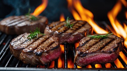 Poster - Grilled Beef Steaks on Barbecue with Flames in Background and Space for Customizable Text or Branding