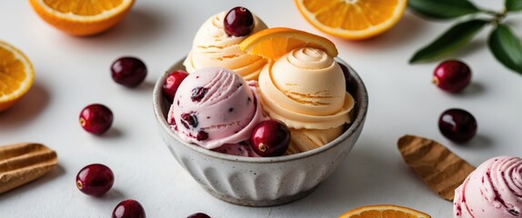 Poster - Gourmet Orange Cranberry Gelato in a Bowl Surrounded by Fresh Fruits with Copy Space for Advertising or Promotional Text