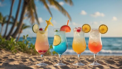 Poster - Colorful Summer Cocktails On Beach Sand With Tropical Background And Empty Space For Refreshing Beverage Promotions