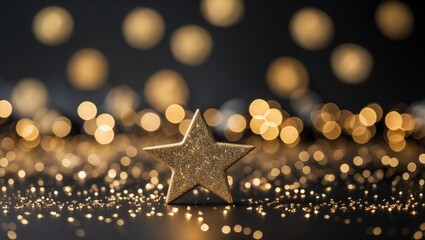 Poster - Golden bokeh lights with glittering star on a black background perfect for festive celebrations and design overlays.