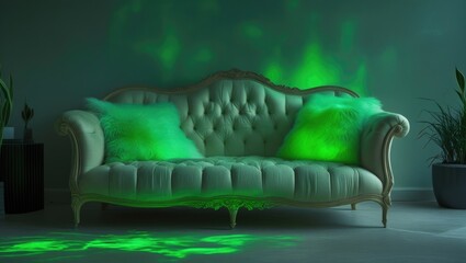 Poster - Elegant vintage sofa illuminated by green light with plush pillows and potted plants in a serene, modern interior setting.