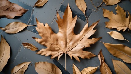 Poster - Autumn leaves arrangement on a textured surface showcasing the beauty of nature's decay in warm brown hues