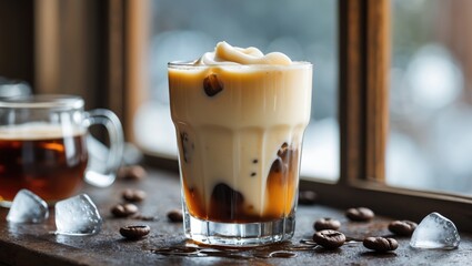 Aufkleber - Iced Coffee with Cream in Glass Surrounded by Coffee Beans and Ice Cubes Near Window in Cozy Cafe Setting