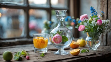 Aufkleber - Elegant glass decanter with flowers and fresh fruits on rustic wooden table by window showcasing a refreshing and colorful still life.