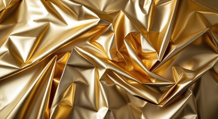 Fototapete - Shimmering gold metal foil texture with intricate folds and creases for a luxurious abstract background design.