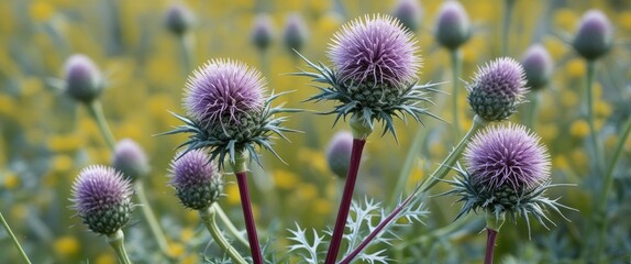 Poster - Thistle flowers with vibrant purple blooms in a summer meadow, featuring blurred yellow background and space for text overlay.