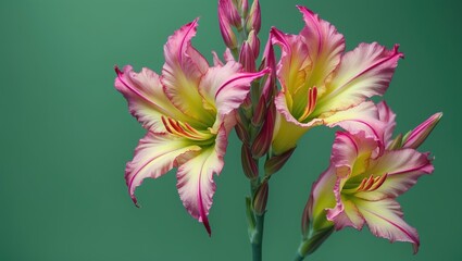 Poster - Vibrant Pink and Yellow Gladiolus Flowers Isolated on Green Background in Macro Detail Perfect for Floral Design and Nature Themes