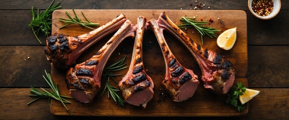 Aufkleber - Grilled Lamb Neck Chops Arranged on a Rustic Wooden Cutting Board with Fresh Herbs and Lemon Slices