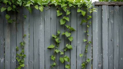 Aufkleber - Green climbing plant intertwined with gray wooden fence showcasing natural textures and vibrant greenery against a rustic backdrop.